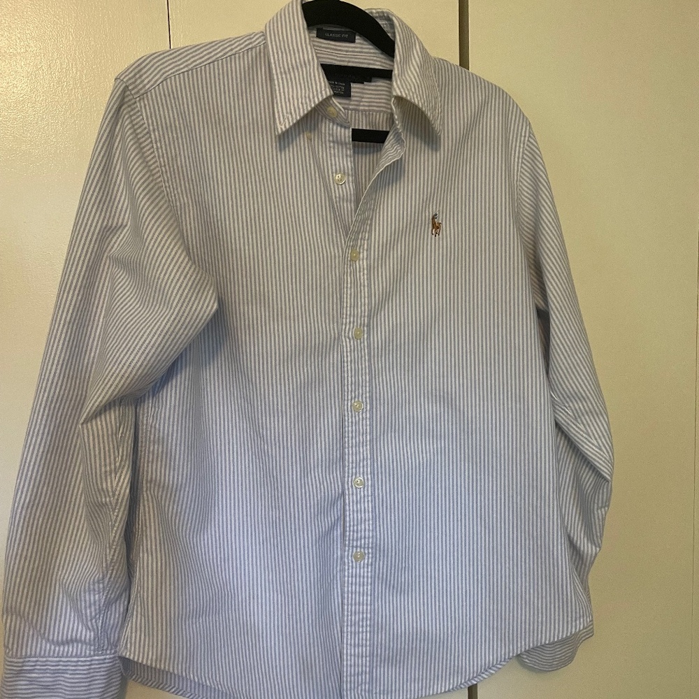 Ralph Lauren Classic Fit Blue Striped Long Sleeve Button Up Shirt - Women's 8